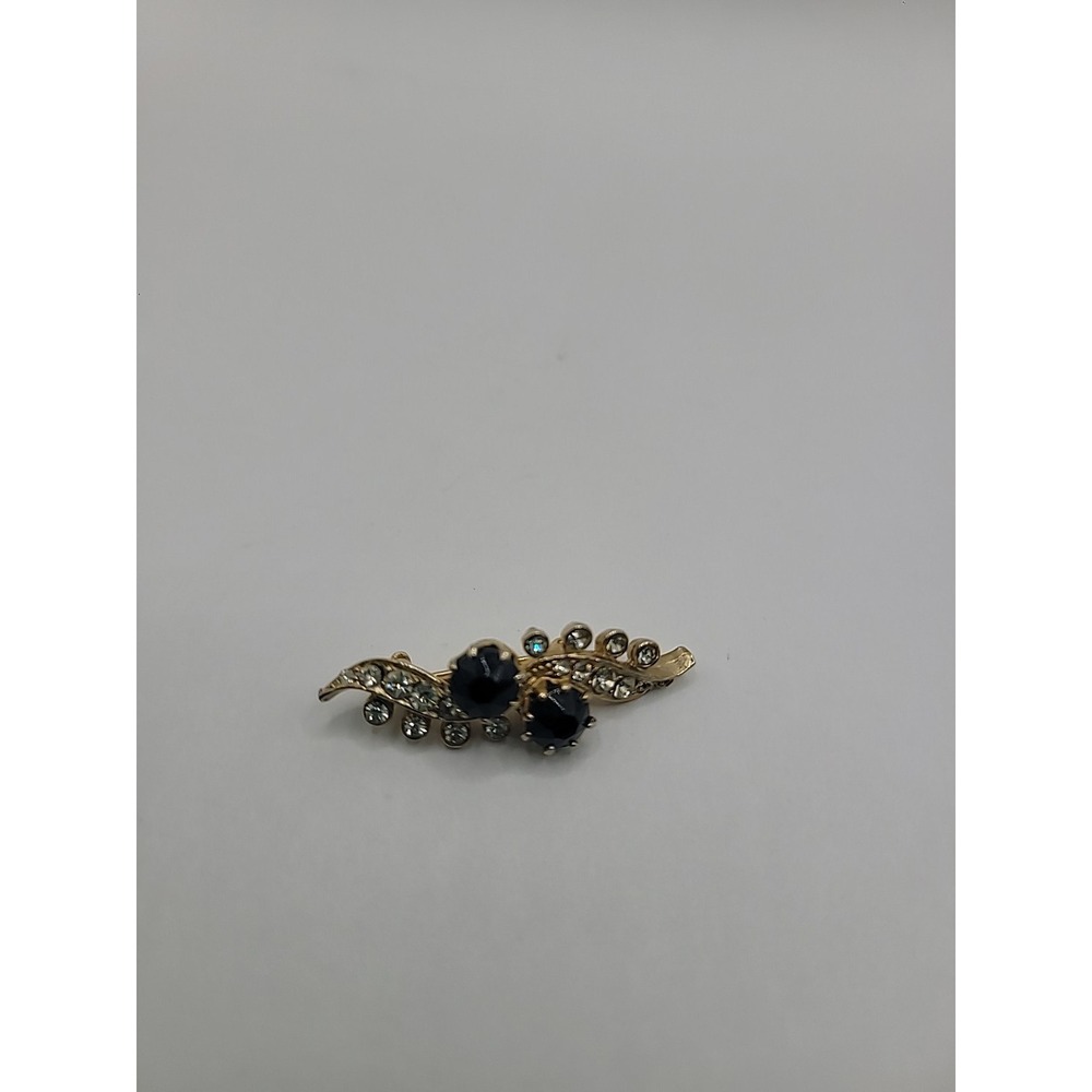 Vintage Black Rhinestone‎ Spray Brooch Gold Tone Mid Century Pin